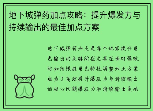 地下城弹药加点攻略：提升爆发力与持续输出的最佳加点方案